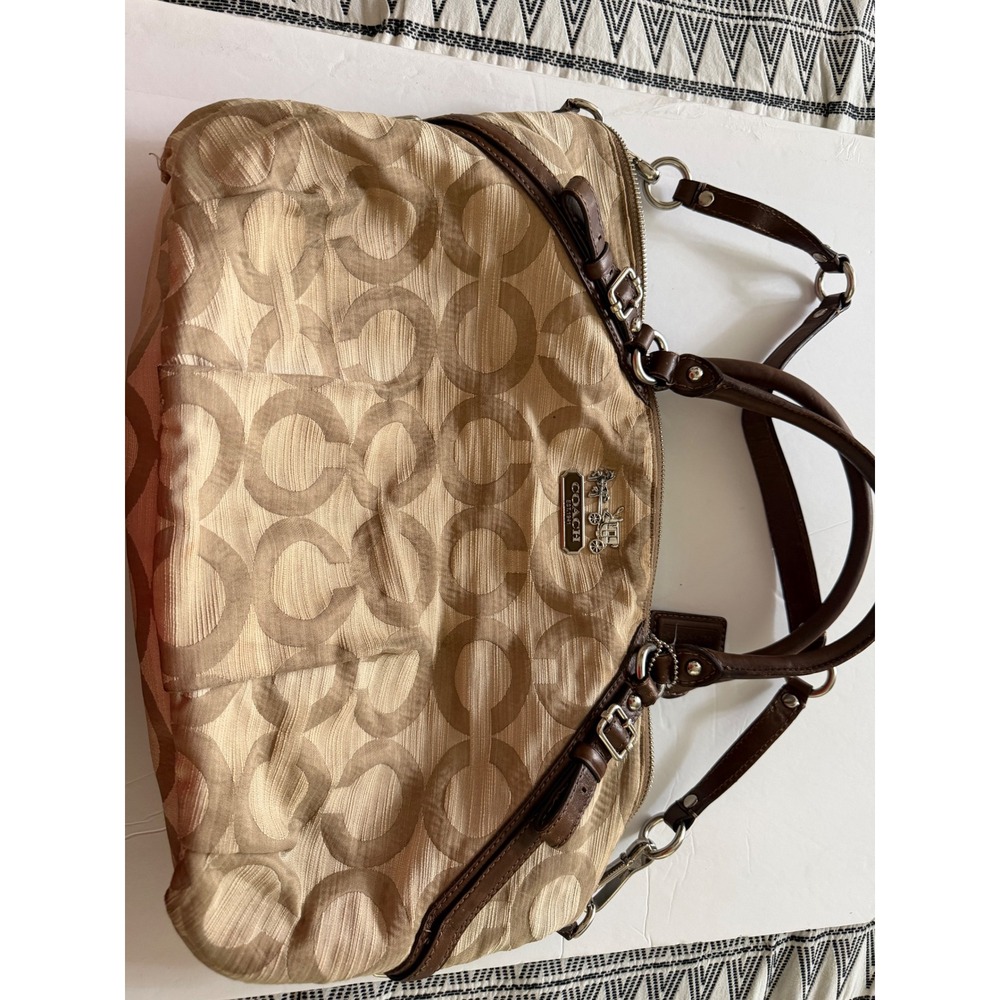 Coach Madison Op Art Audrey Satchel Khaki Brown Jacquard Handbag 14294